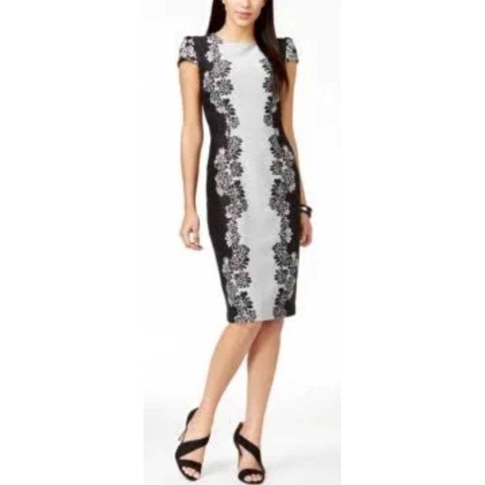 BETSEY JOHNSON Silver + Gray Floral Print Lined Cap Sleeve Sheath Dress Size 14